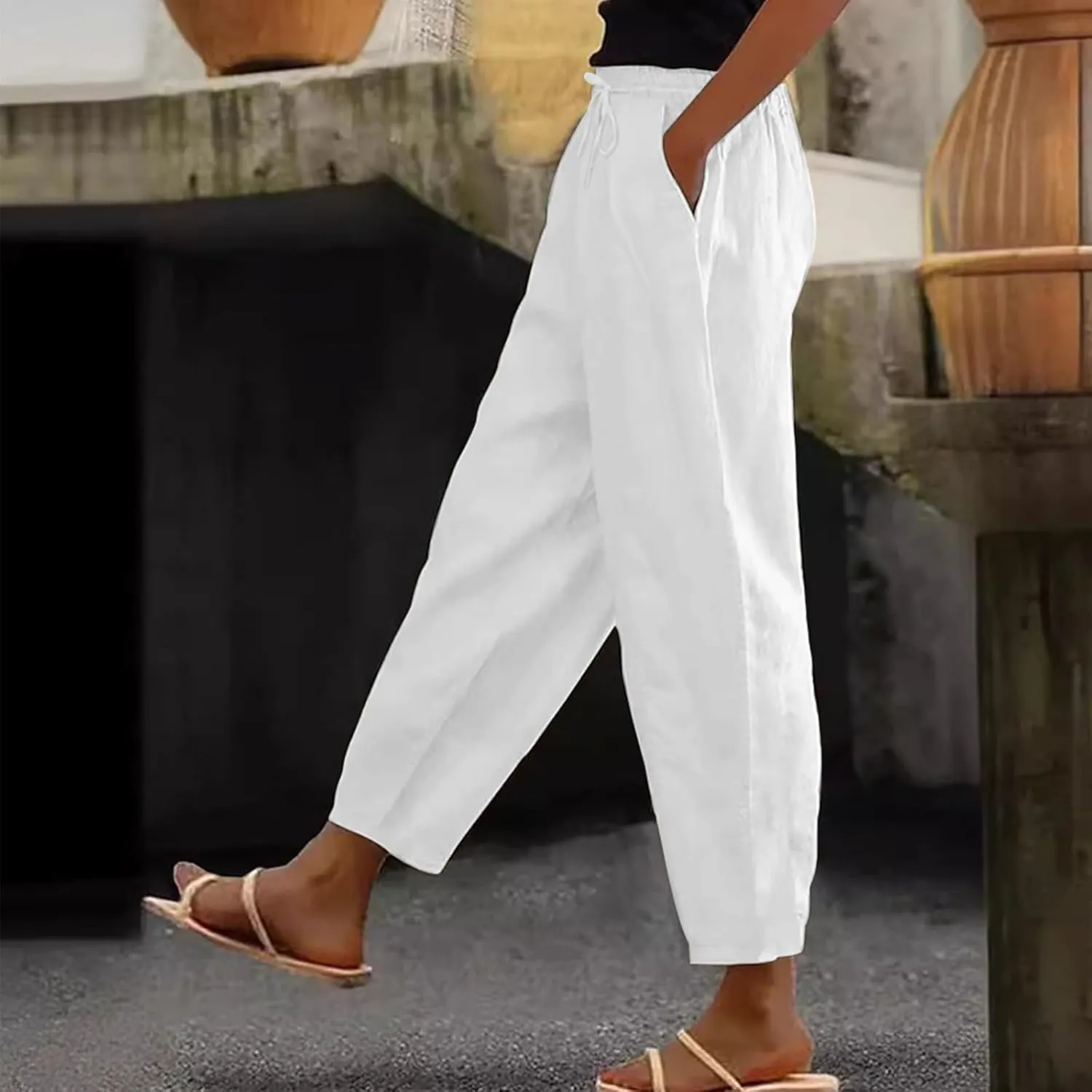 Cotton Linen Wide Leg Pants Woman Plus Size Baggy Lightweight Summer Pants High Waisted Lounge Trousers with Pockets