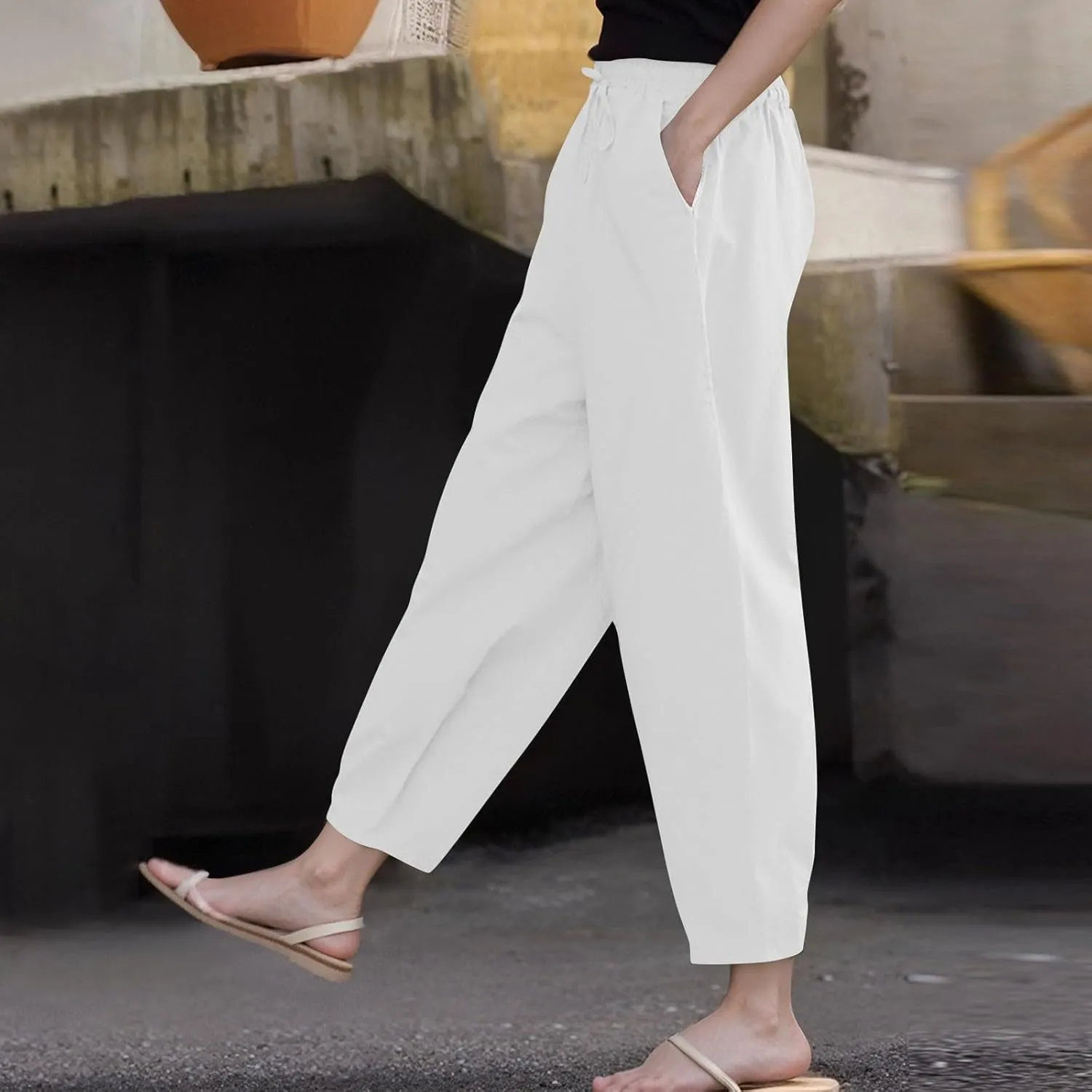 Cotton Linen Wide Leg Pants Woman Plus Size Baggy Lightweight Summer Pants High Waisted Lounge Trousers with Pockets