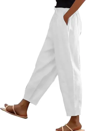 Cotton Linen Wide Leg Pants Woman Plus Size Baggy Lightweight Summer Pants High Waisted Lounge Trousers with Pockets