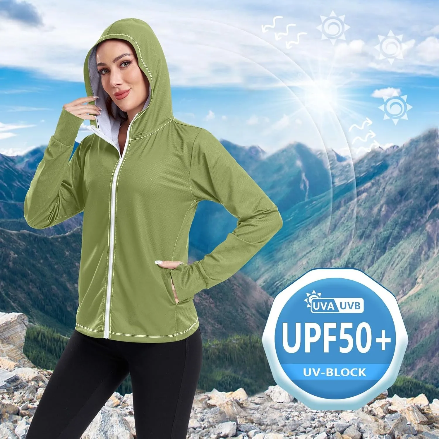 Cream Womens UPF Hoodie UPF 50  Sun Protection Jacket Hooded Women's Hoodie Zip Front Rash Guard