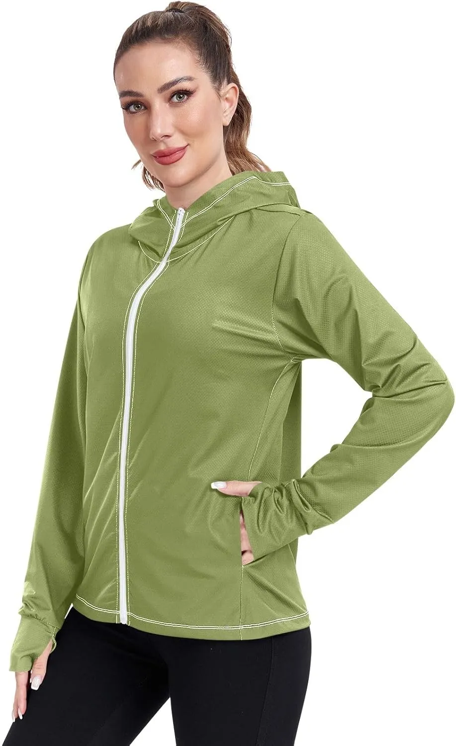 Cream Womens UPF Hoodie UPF 50  Sun Protection Jacket Hooded Women's Hoodie Zip Front Rash Guard