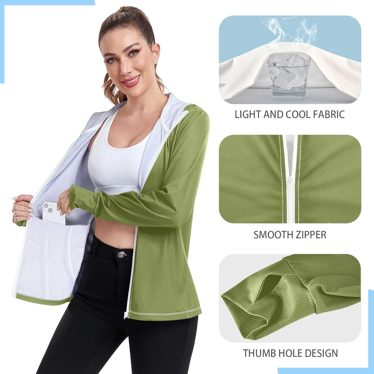 Cream Womens UPF Hoodie UPF 50  Sun Protection Jacket Hooded Women's Hoodie Zip Front Rash Guard