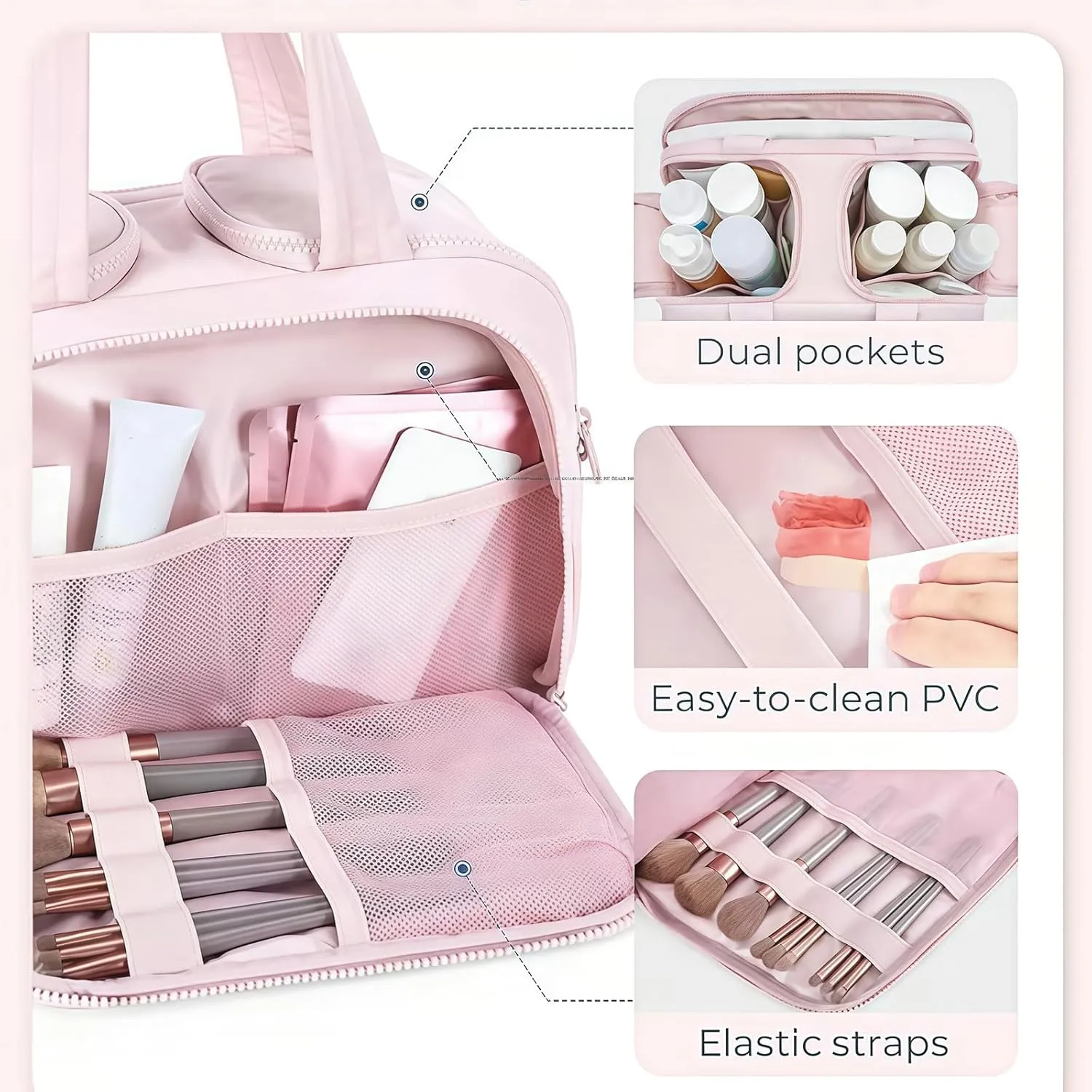 Cureaway Travel Cosmetic Bag, Large Capacity Wide-Open Travel Cosmetic Bag, Waterproof Portable Pouch Open Flat Toiletry Bags, with Divider and Handle (Beige,one size)