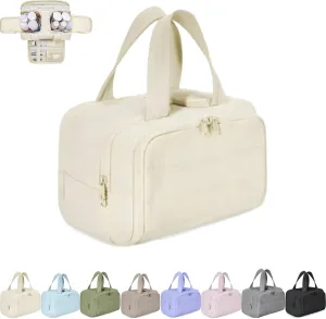 Cureaway Travel Cosmetic Bag, Large Capacity Wide-Open Travel Cosmetic Bag, Waterproof Portable Pouch Open Flat Toiletry Bags, with Divider and Handle (Beige,one size)