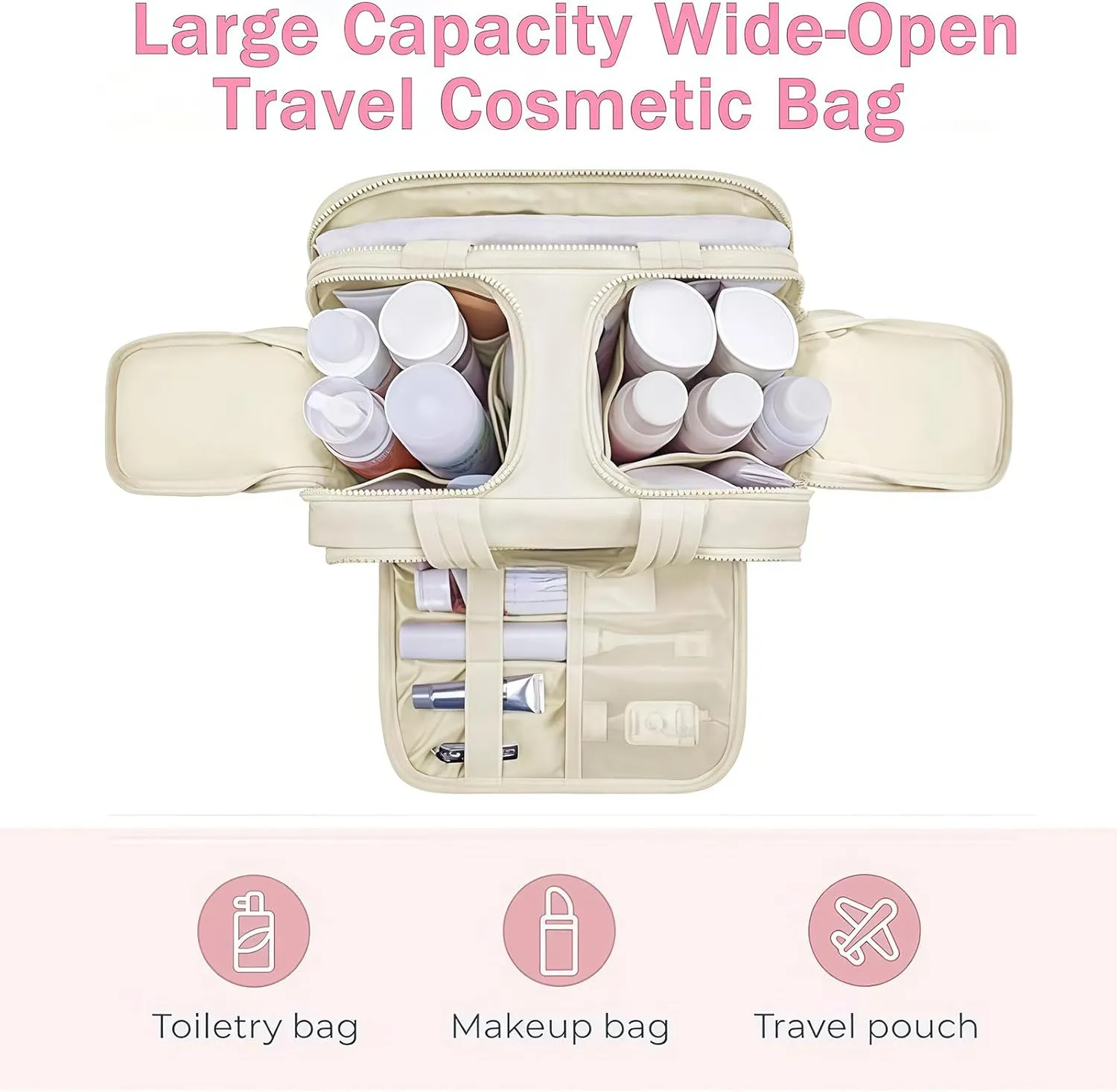 Cureaway Travel Cosmetic Bag, Large Capacity Wide-Open Travel Cosmetic Bag, Waterproof Portable Pouch Open Flat Toiletry Bags, with Divider and Handle (Beige,one size)