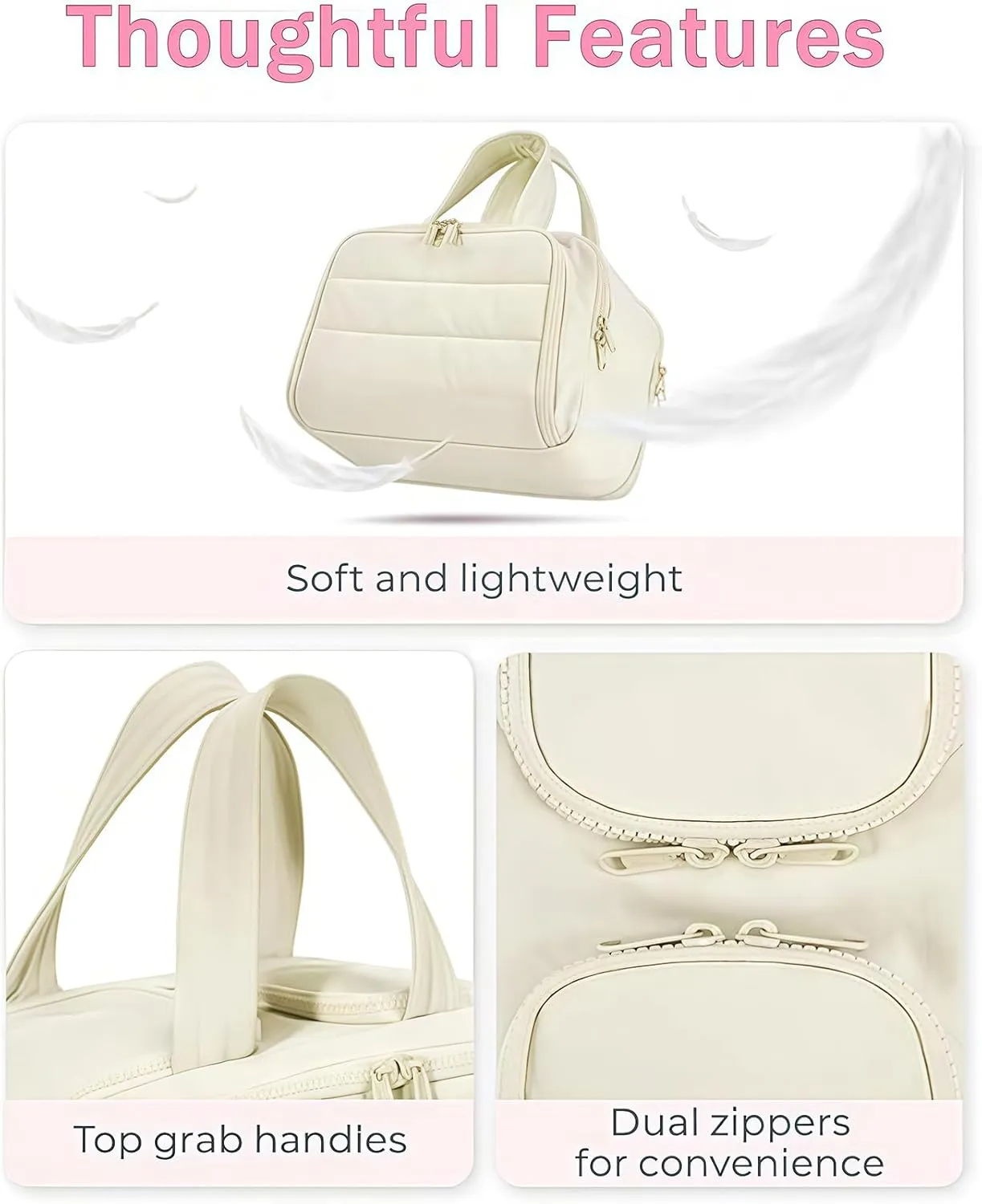 Cureaway Travel Cosmetic Bag, Large Capacity Wide-Open Travel Cosmetic Bag, Waterproof Portable Pouch Open Flat Toiletry Bags, with Divider and Handle (Beige,one size)