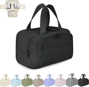 Cureaway Travel Cosmetic Bag, Large Capacity Wide-Open Travel Cosmetic Bag, Waterproof Portable Pouch Open Flat Toiletry Bags, with Divider and Handle (Black,one size)