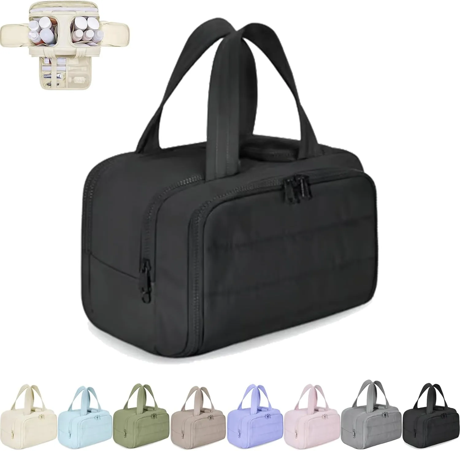 Cureaway Travel Cosmetic Bag, Large Capacity Wide-Open Travel Cosmetic Bag, Waterproof Portable Pouch Open Flat Toiletry Bags, with Divider and Handle (Black,one size)