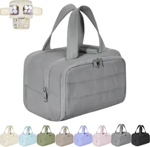 Cureaway Travel Cosmetic Bag, Large Capacity Wide-Open Travel Cosmetic Bag, Waterproof Portable Pouch Open Flat Toiletry Bags, with Divider and Handle (Gray,one size)