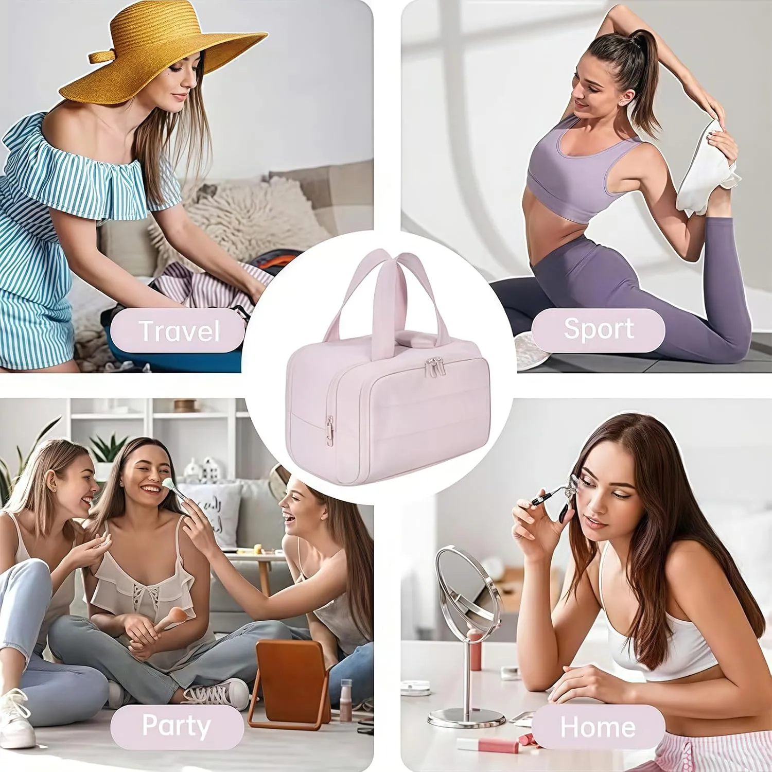 Cureaway Travel Cosmetic Bag, Large Capacity Wide-Open Travel Cosmetic Bag, Waterproof Portable Pouch Open Flat Toiletry Bags, with Divider and Handle (Gray,one size)