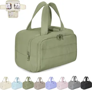 Cureaway Travel Cosmetic Bag, Large Capacity Wide-Open Travel Cosmetic Bag, Waterproof Portable Pouch Open Flat Toiletry Bags, with Divider and Handle (Green,one size)