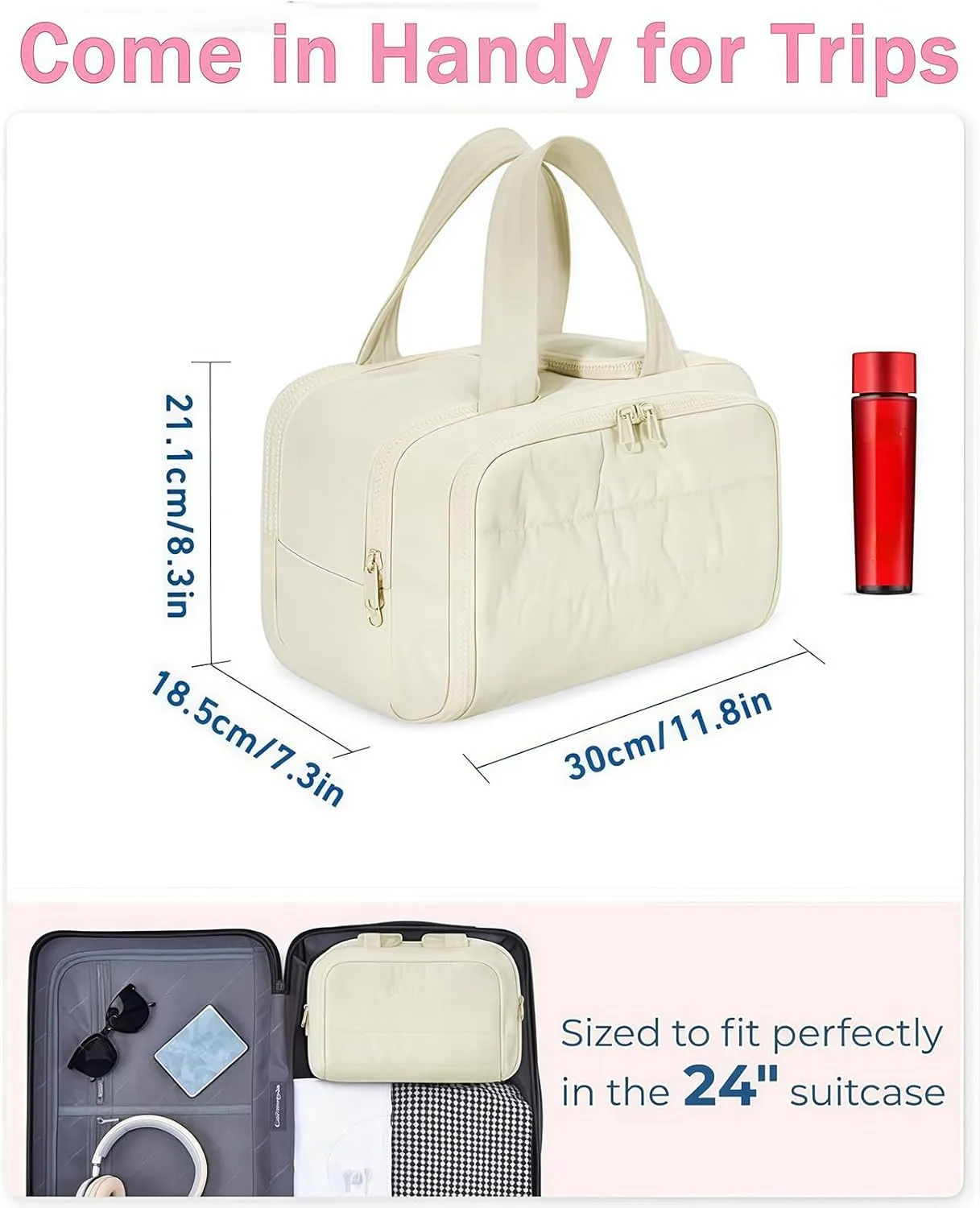 Cureaway Travel Cosmetic Bag, Large Capacity Wide-Open Travel Cosmetic Bag, Waterproof Portable Pouch Open Flat Toiletry Bags, with Divider and Handle (Khaki,one size)