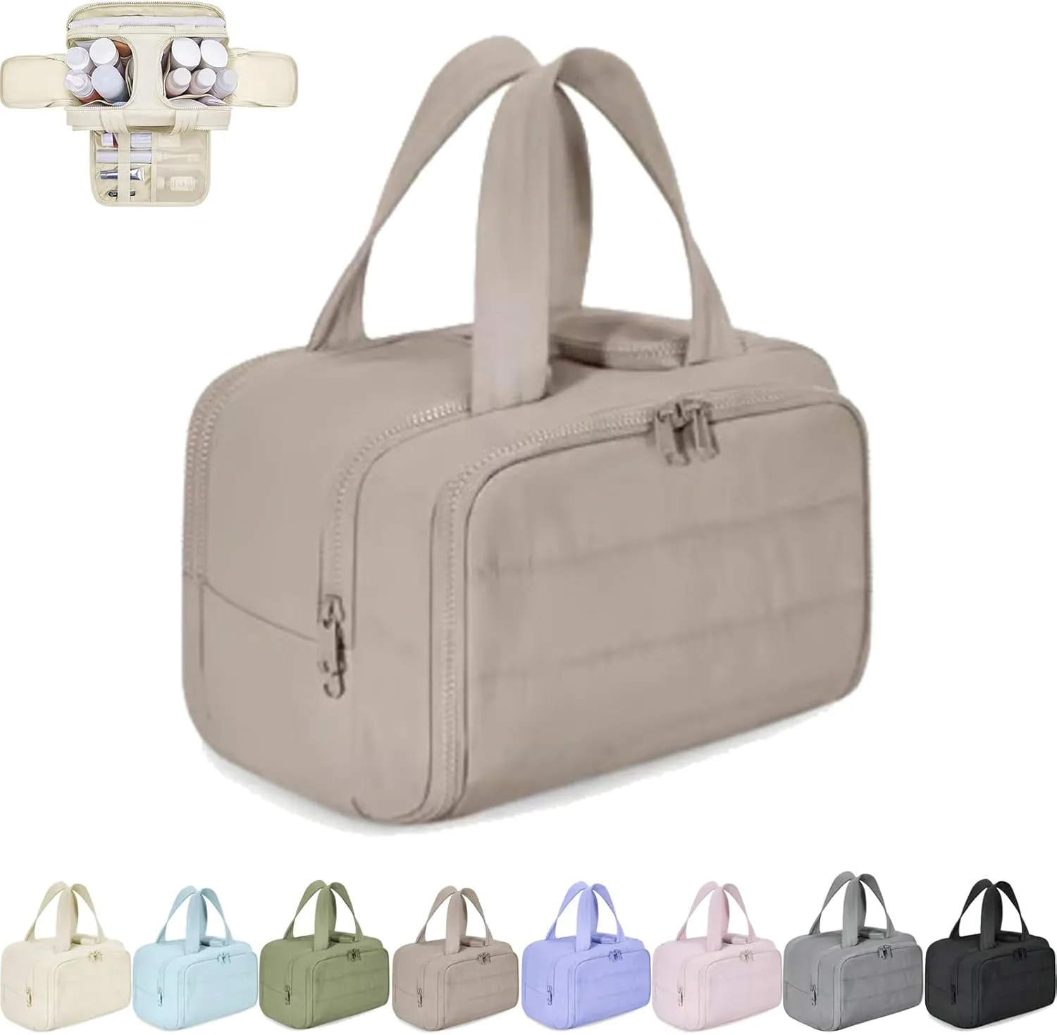 Cureaway Travel Cosmetic Bag, Large Capacity Wide-Open Travel Cosmetic Bag, Waterproof Portable Pouch Open Flat Toiletry Bags, with Divider and Handle (Khaki,one size)
