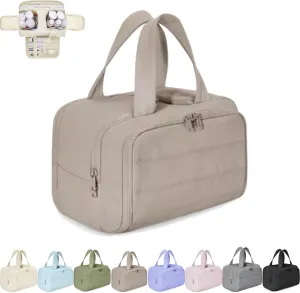 Cureaway Travel Cosmetic Bag, Large Capacity Wide-Open Travel Cosmetic Bag, Waterproof Portable Pouch Open Flat Toiletry Bags, with Divider and Handle (Khaki,one size)