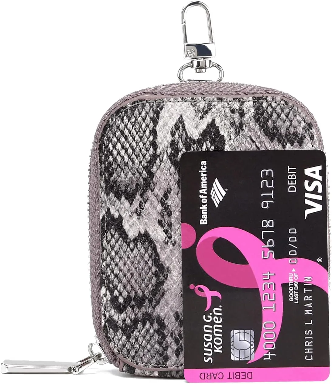 Daisy Rose Rectangle Coin Purse Pouch Change Wallet Holder with clasp - PU Vegan Leather - Grey Snake