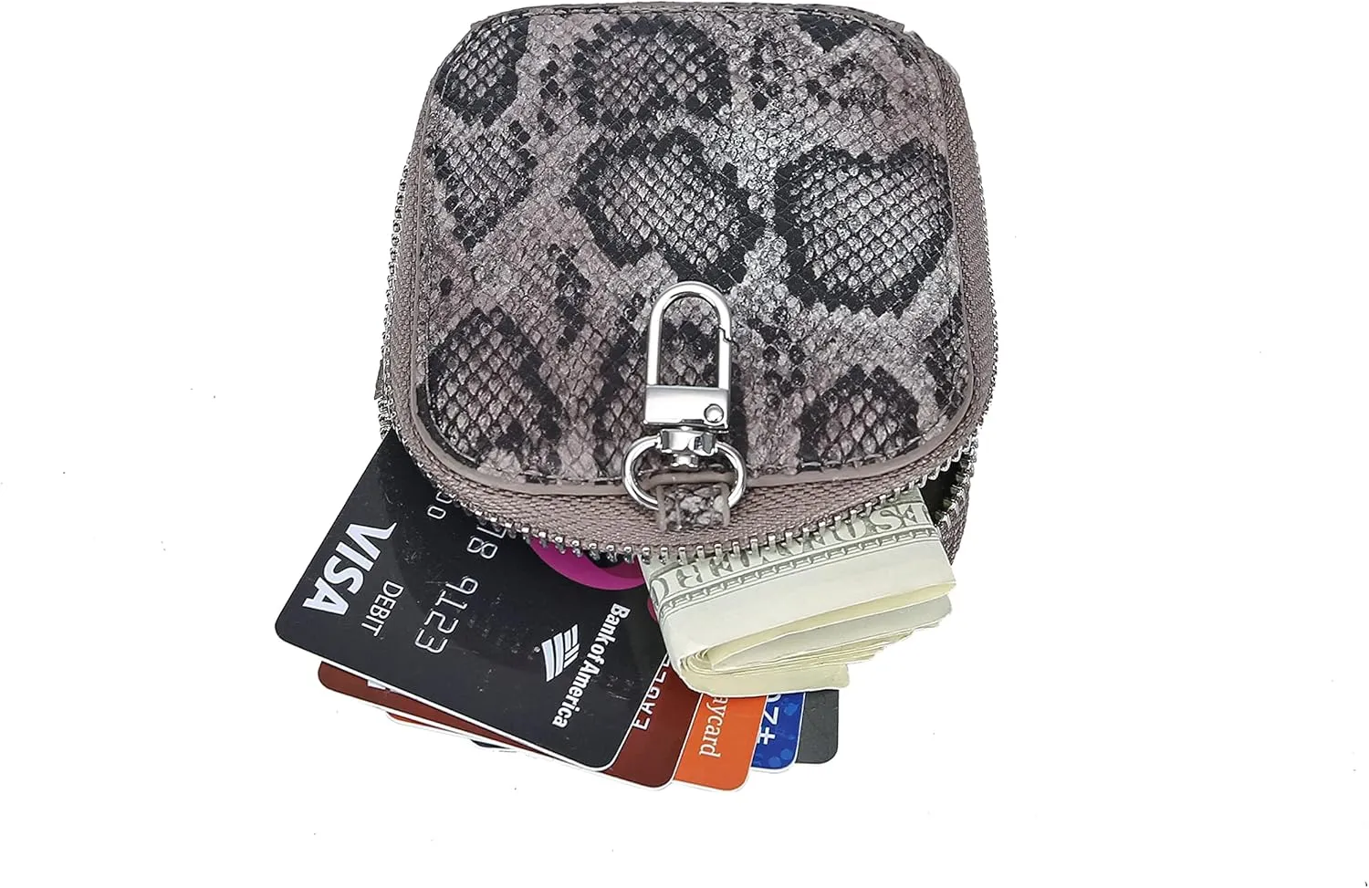 Daisy Rose Rectangle Coin Purse Pouch Change Wallet Holder with clasp - PU Vegan Leather - Grey Snake