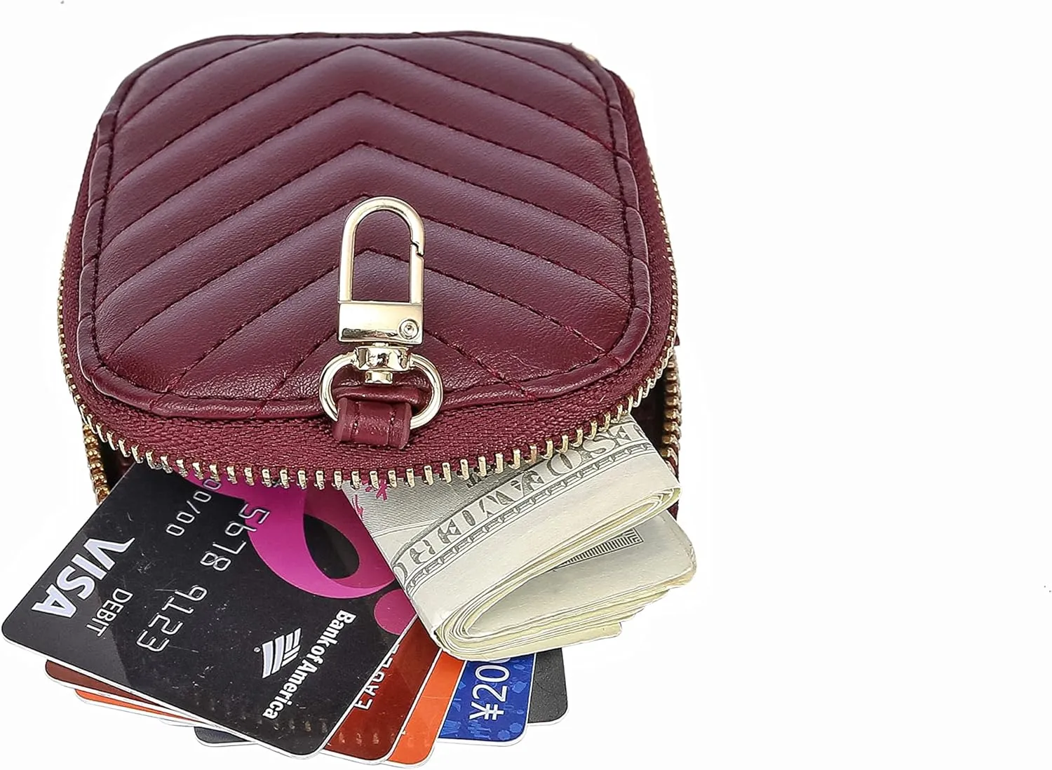 Daisy Rose Rectangle Quilted Chevron Coin Purse Pouch Change Wallet Holder with clasp - PU Vegan Leather- Burgundy