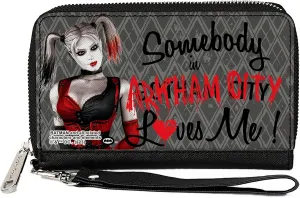 DC Comics Wallet, Zip Around, Harley Quinn Somebody In Arkham City Loves Me Grays Black Red, Vegan Leather
