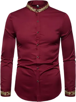 DGHM-JLMY Mens African Metallic Print Shirt Fashion Palace Embroidered Long Sleeve Shirt Slim Fit Dress Shirts