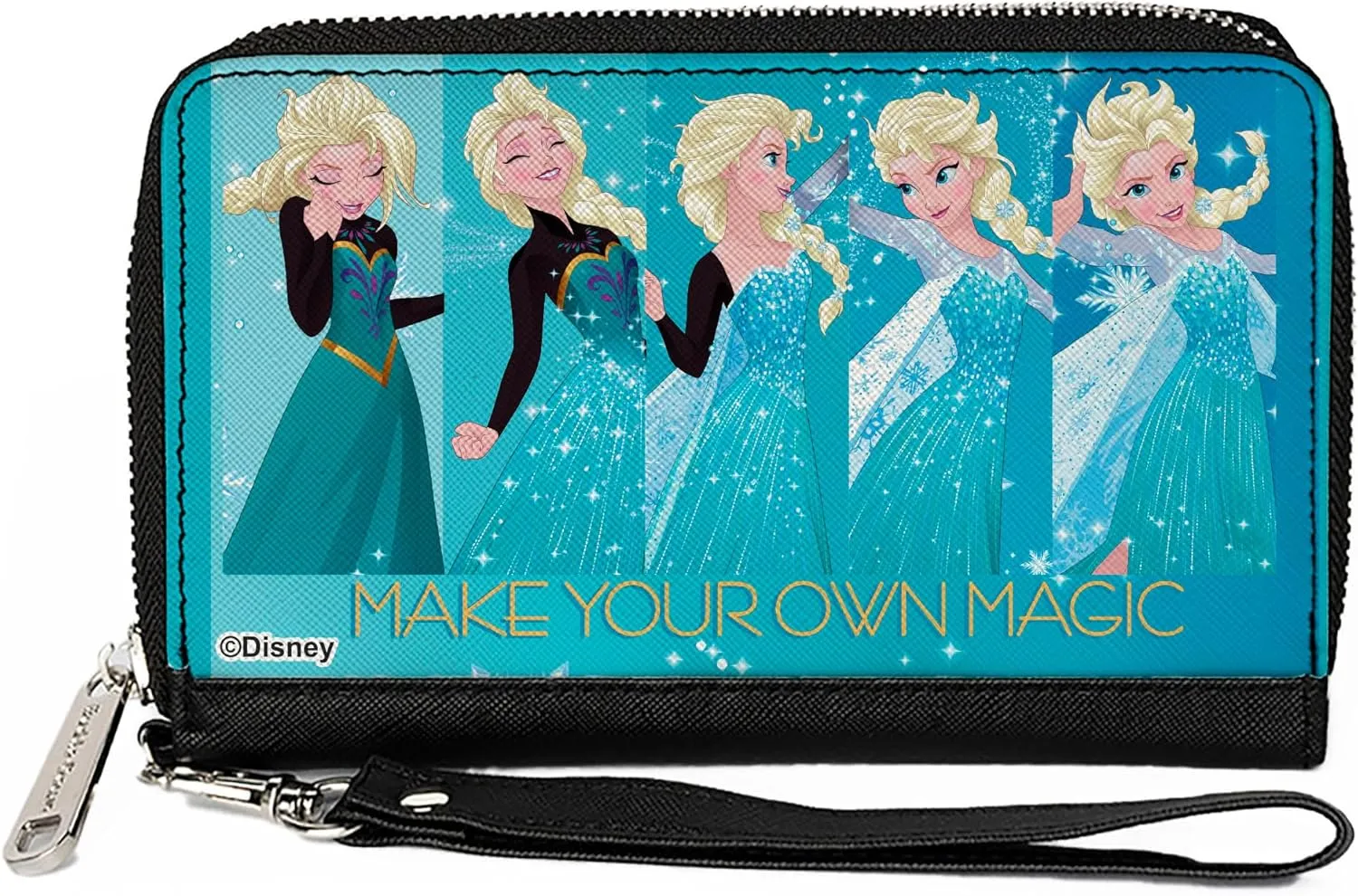 Disney Wallet, Zip Around, Frozen Elsa MAKE YOUR OWN MAGIC Letting It Go Transformation Blocks Stars Aqua, Vegan Leather