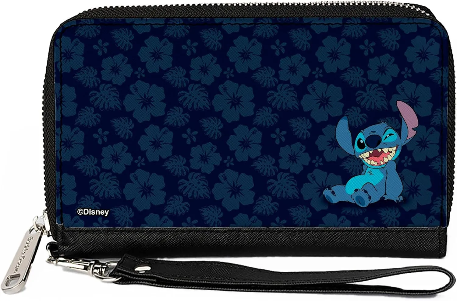 Disney Wallet, Zip Around, Lilo and Stitch Stitch Winking Pose Tropical Flora Black Blue, Vegan Leather