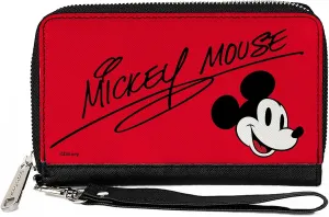 Disney Wallet, Zip Around, Mickey Mouse Autograph and Smiling Face Red Black, Vegan Leather