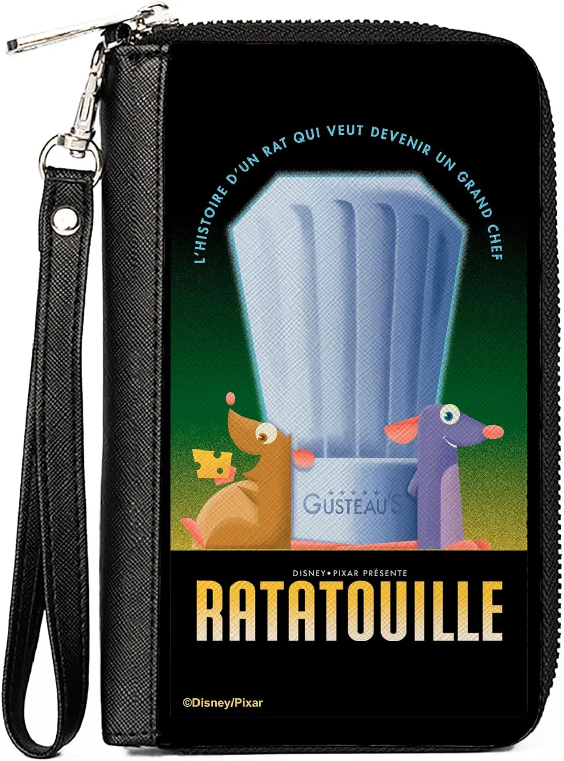 Disney Wallet, Zip Around, Ratatouille Emile and Remy Chef Hat Pose and Logo Black, Vegan Leather