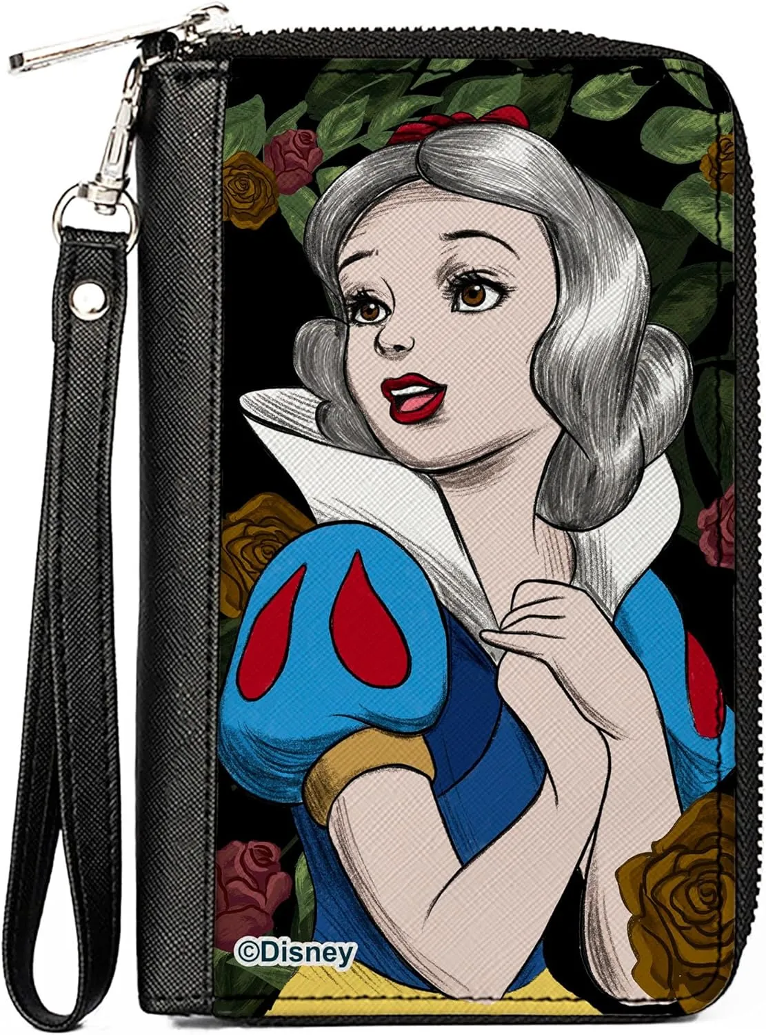 Disney Wallet, Zip Around, Snow White Pose Sketch Roses Black Greens Reds Golds, Vegan Leather
