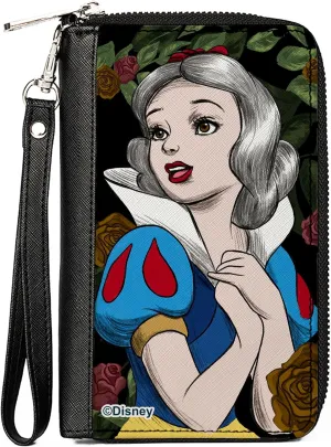 Disney Wallet, Zip Around, Snow White Pose Sketch Roses Black Greens Reds Golds, Vegan Leather