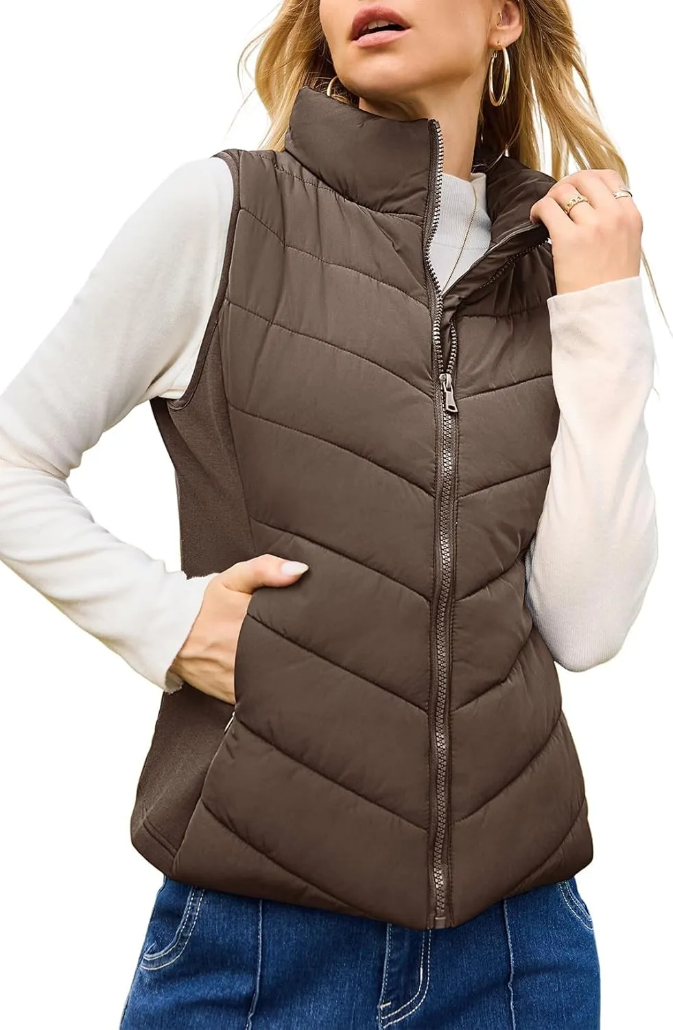 Dokotoo Puffer Vest Women Sleeveless Zip Up Outerwear Stand Collar Quilted Vest Warm Winter Jackets Coats with Pocket