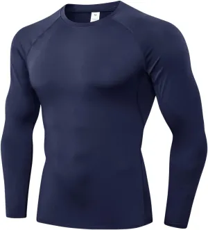 EARGFM Men's Compression Shirt Long Sleeve Athletic Base Layer Cool Dry Trainning Workout Running T-Shirt, Navy-1, Small