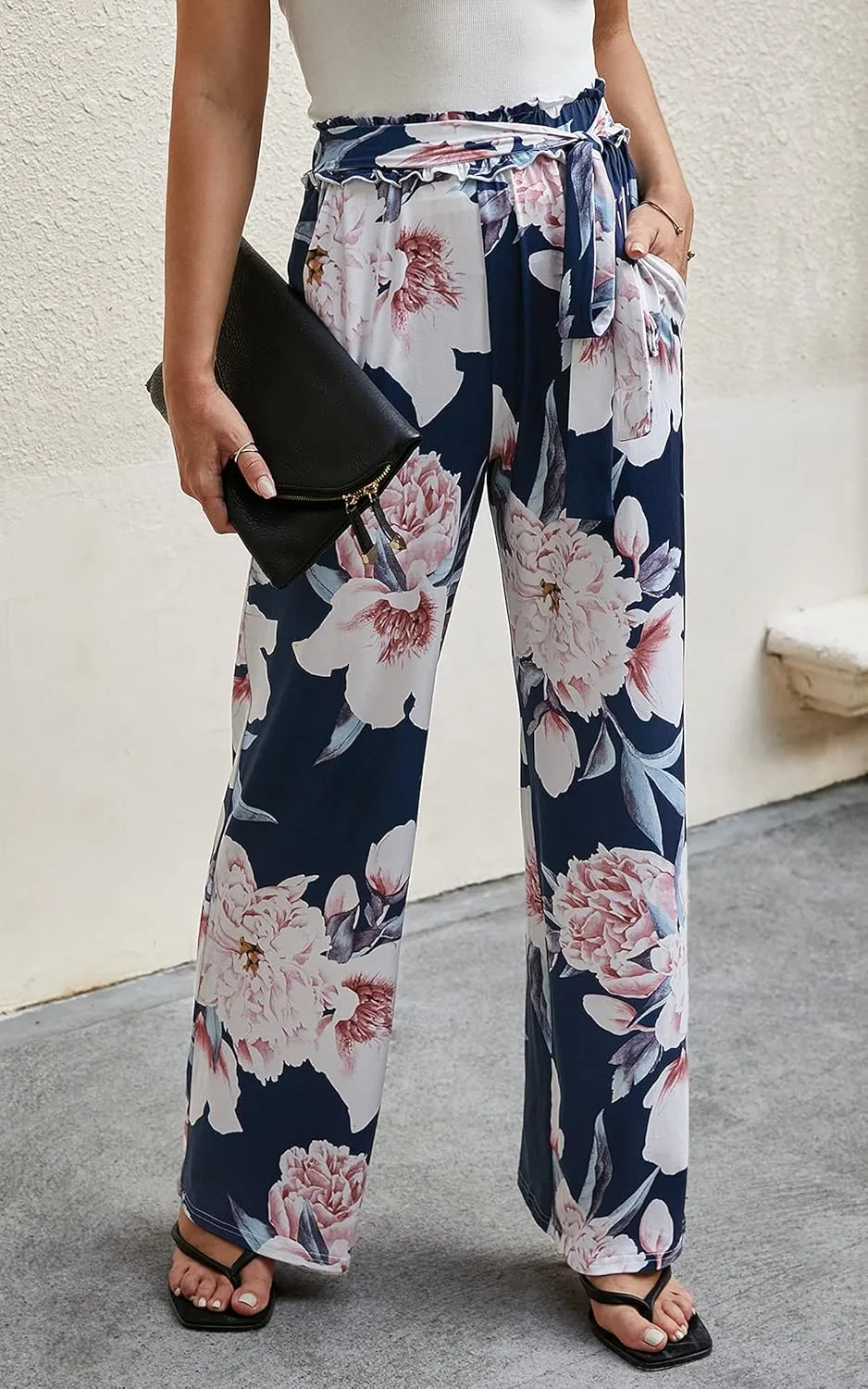 ECOWISH Wide Leg Pants for Women Summer 2025 Palazzo Tropical Floral Casual High Waist Flared Trousers with Pockets