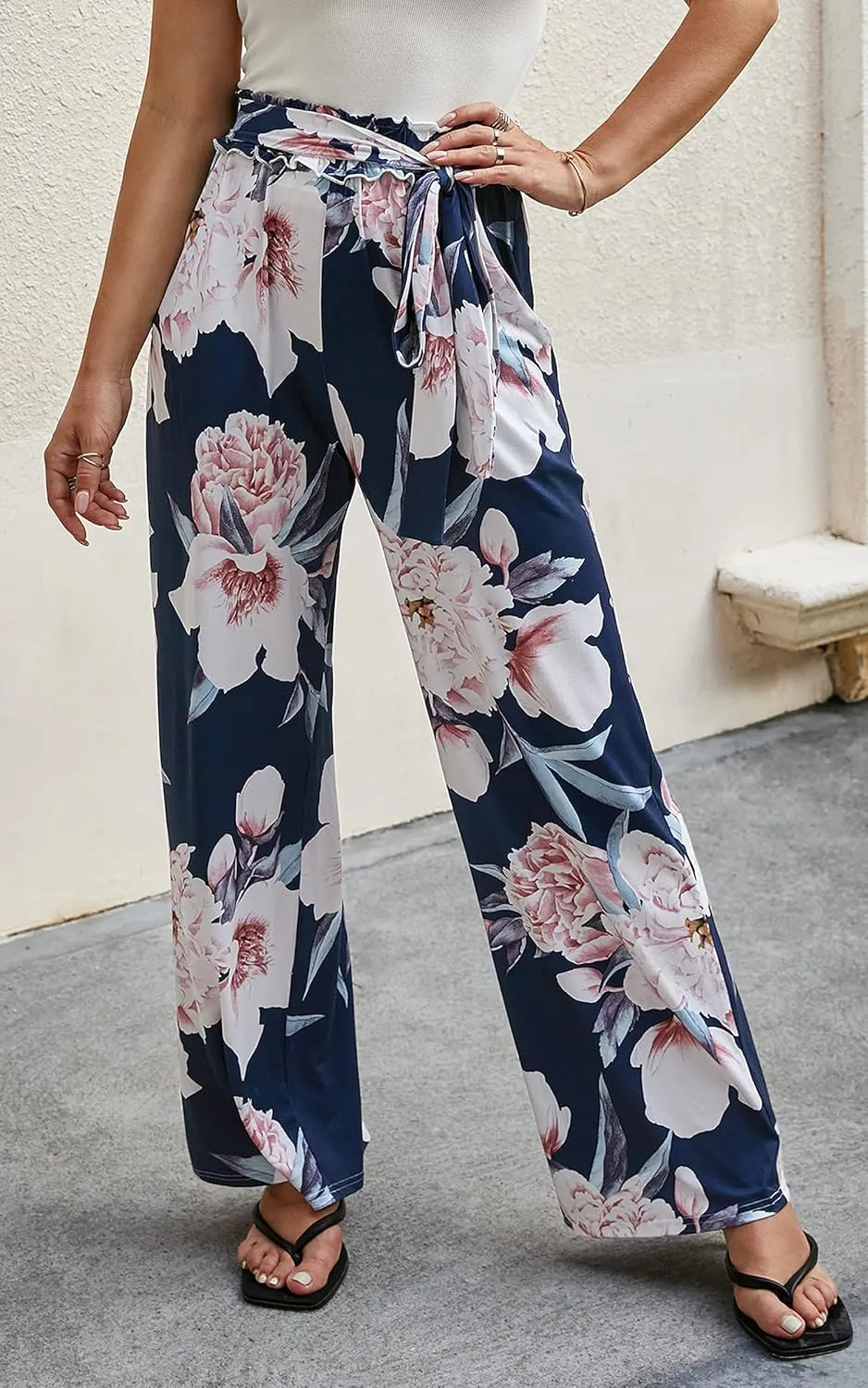 ECOWISH Wide Leg Pants for Women Summer 2025 Palazzo Tropical Floral Casual High Waist Flared Trousers with Pockets