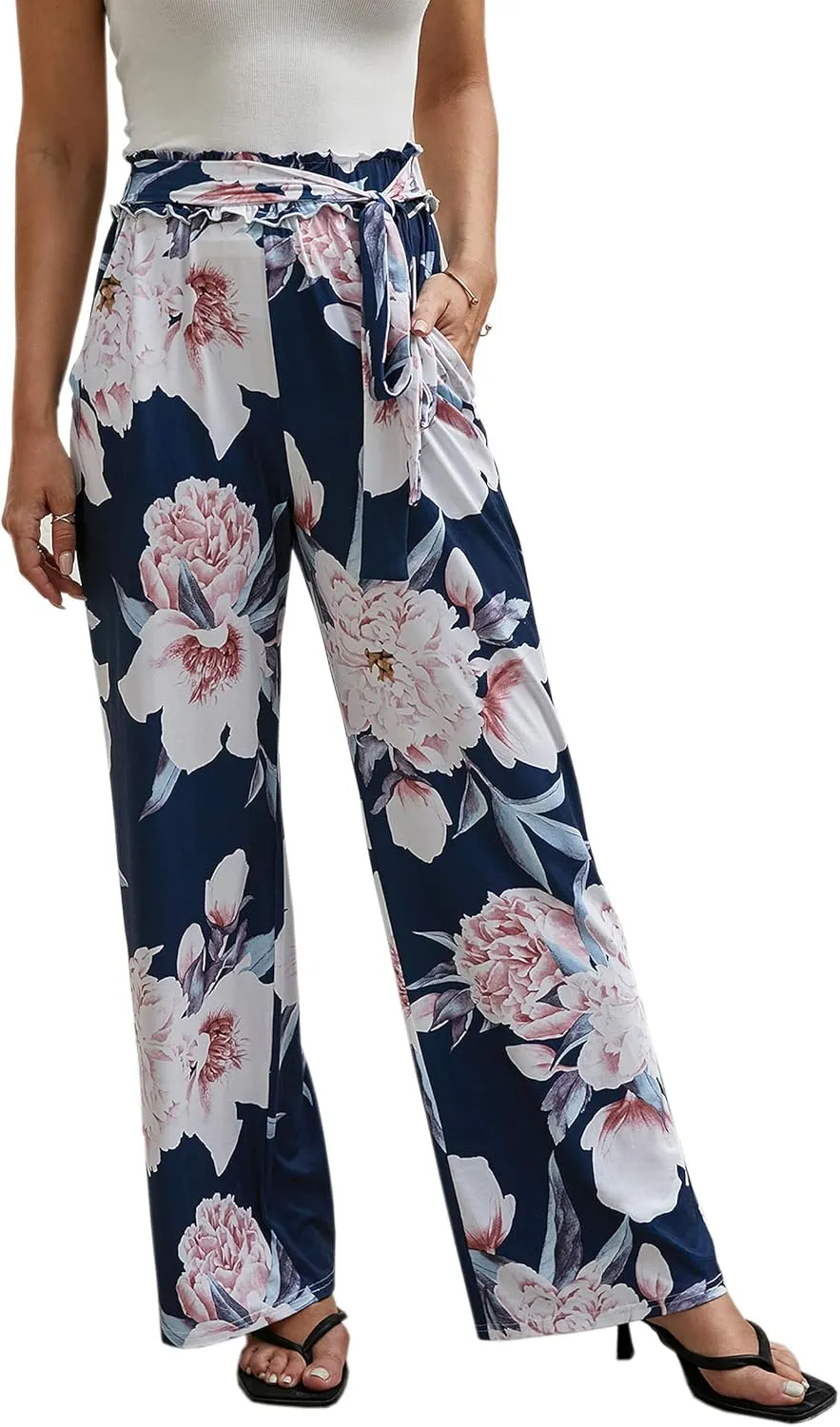 ECOWISH Wide Leg Pants for Women Summer 2025 Palazzo Tropical Floral Casual High Waist Flared Trousers with Pockets