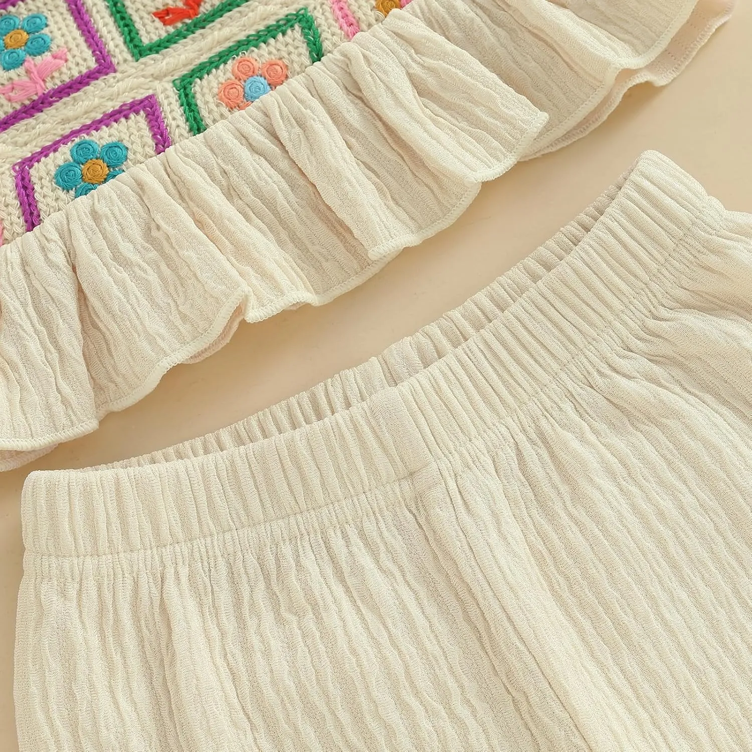 Emmababy Toddler Girl Crochet Outfit Crochet Floral Crop Top Sleeveless Camisole Ruffle Top and Pant Set Baby Summer Clothes