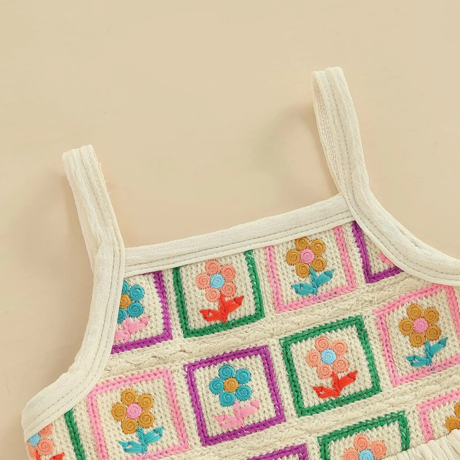 Emmababy Toddler Girl Crochet Outfit Crochet Floral Crop Top Sleeveless Camisole Ruffle Top and Pant Set Baby Summer Clothes