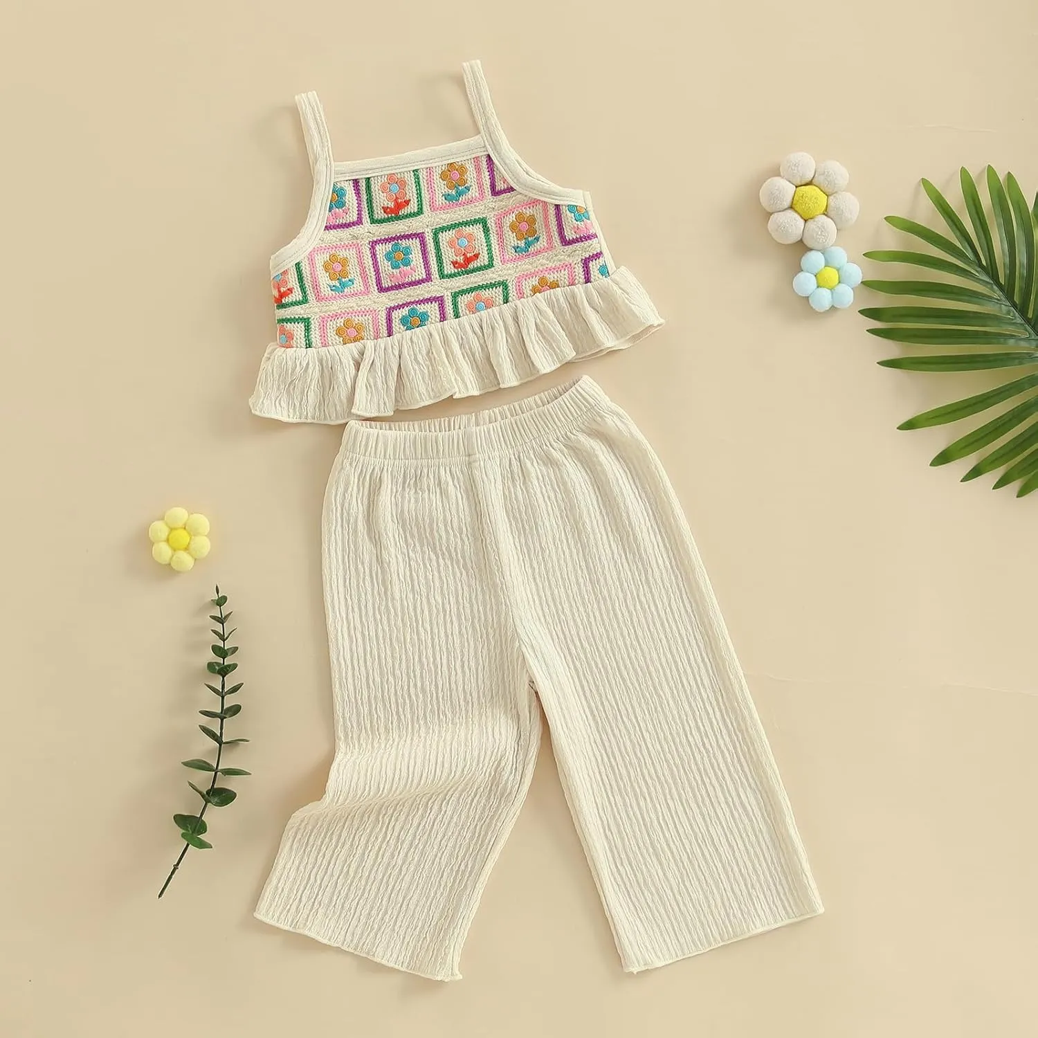 Emmababy Toddler Girl Crochet Outfit Crochet Floral Crop Top Sleeveless Camisole Ruffle Top and Pant Set Baby Summer Clothes