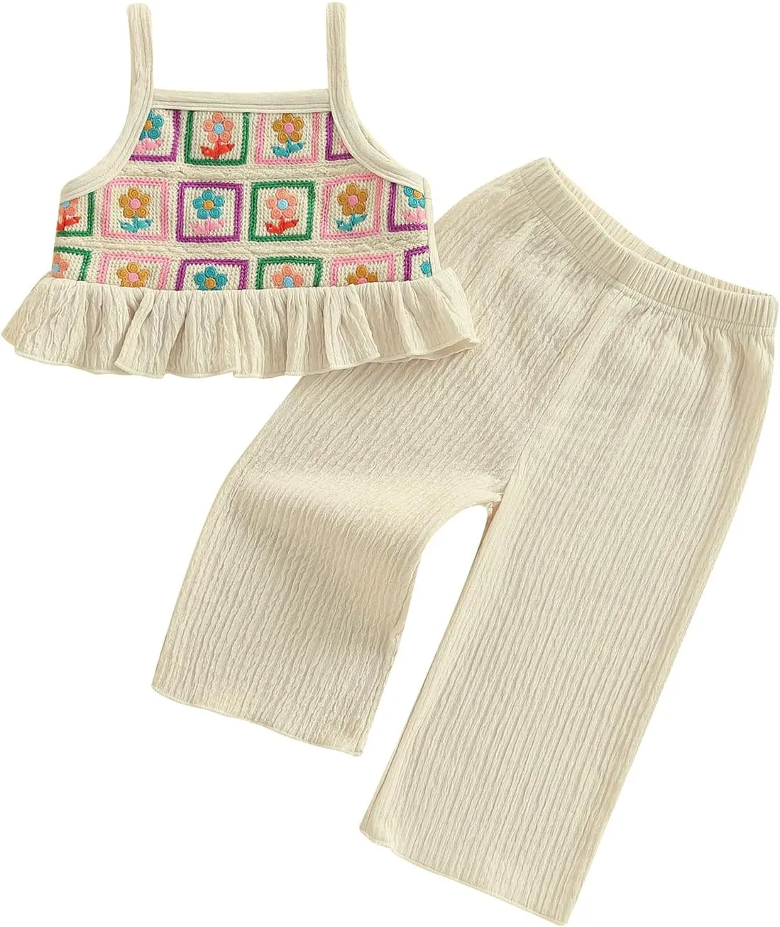 Emmababy Toddler Girl Crochet Outfit Crochet Floral Crop Top Sleeveless Camisole Ruffle Top and Pant Set Baby Summer Clothes