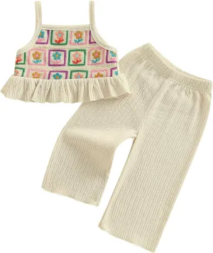 Emmababy Toddler Girl Crochet Outfit Crochet Floral Crop Top Sleeveless Camisole Ruffle Top and Pant Set Baby Summer Clothes