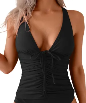 Eomenie V Neck Tankini Top for Women Drawstring Tie Back Bathing Suit Tummy Control Swimwear No Bottom Top Only