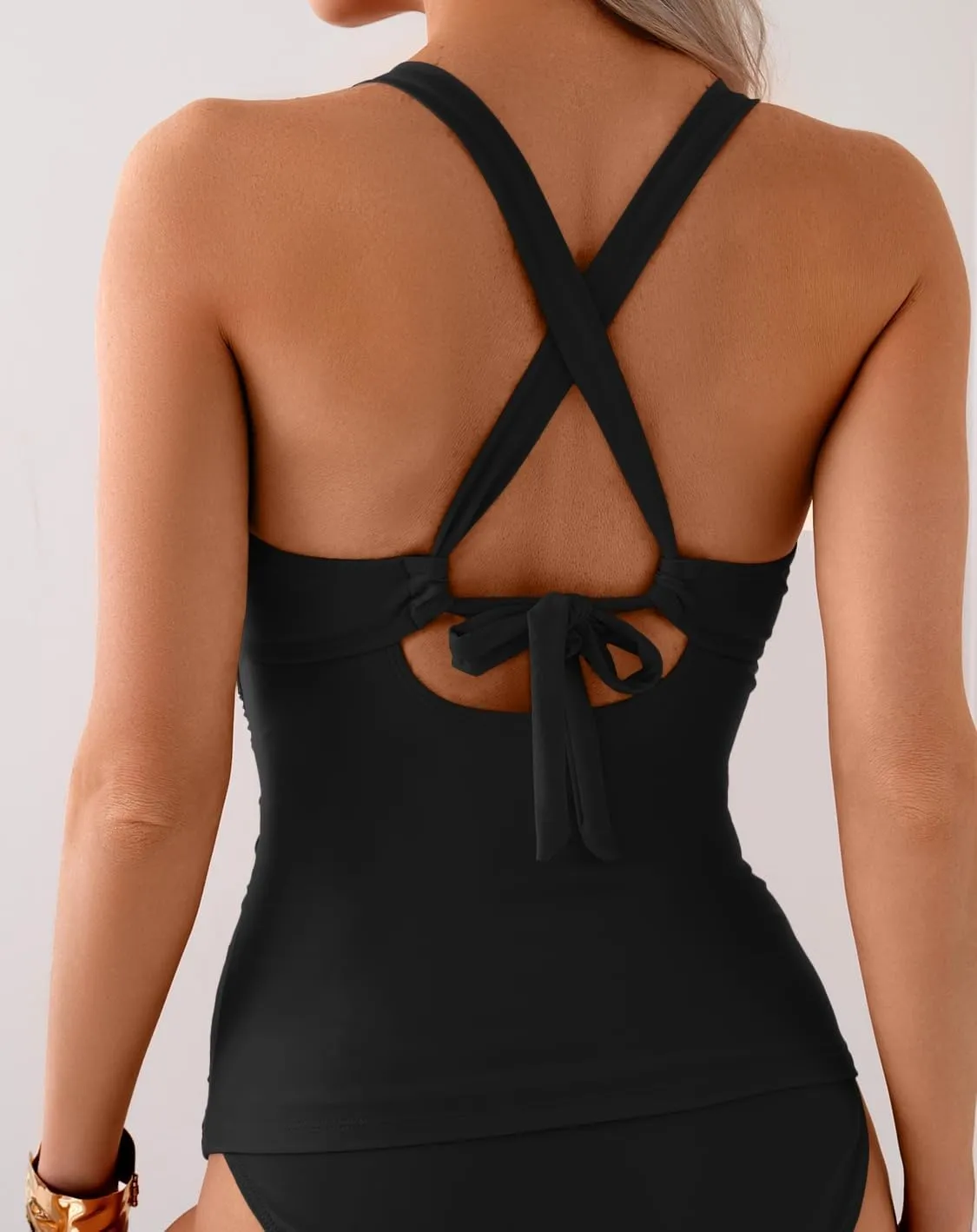 Eomenie V Neck Tankini Top for Women Drawstring Tie Back Bathing Suit Tummy Control Swimwear No Bottom Top Only
