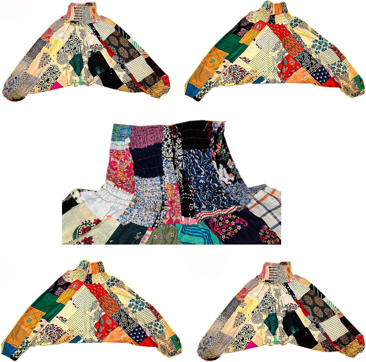 EthinicCraftHub Unisex Patchwork Alibaba Harem Pants, Bohemian Yoga Smoked Waist Alibaba Pants, Boho Gypsy Pants