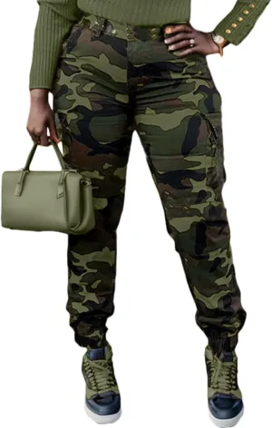 Famnbro Women Camo Pants Camouflage Cargo Pants Ankle Cuffed Army Fatigue Joggers Streetwear