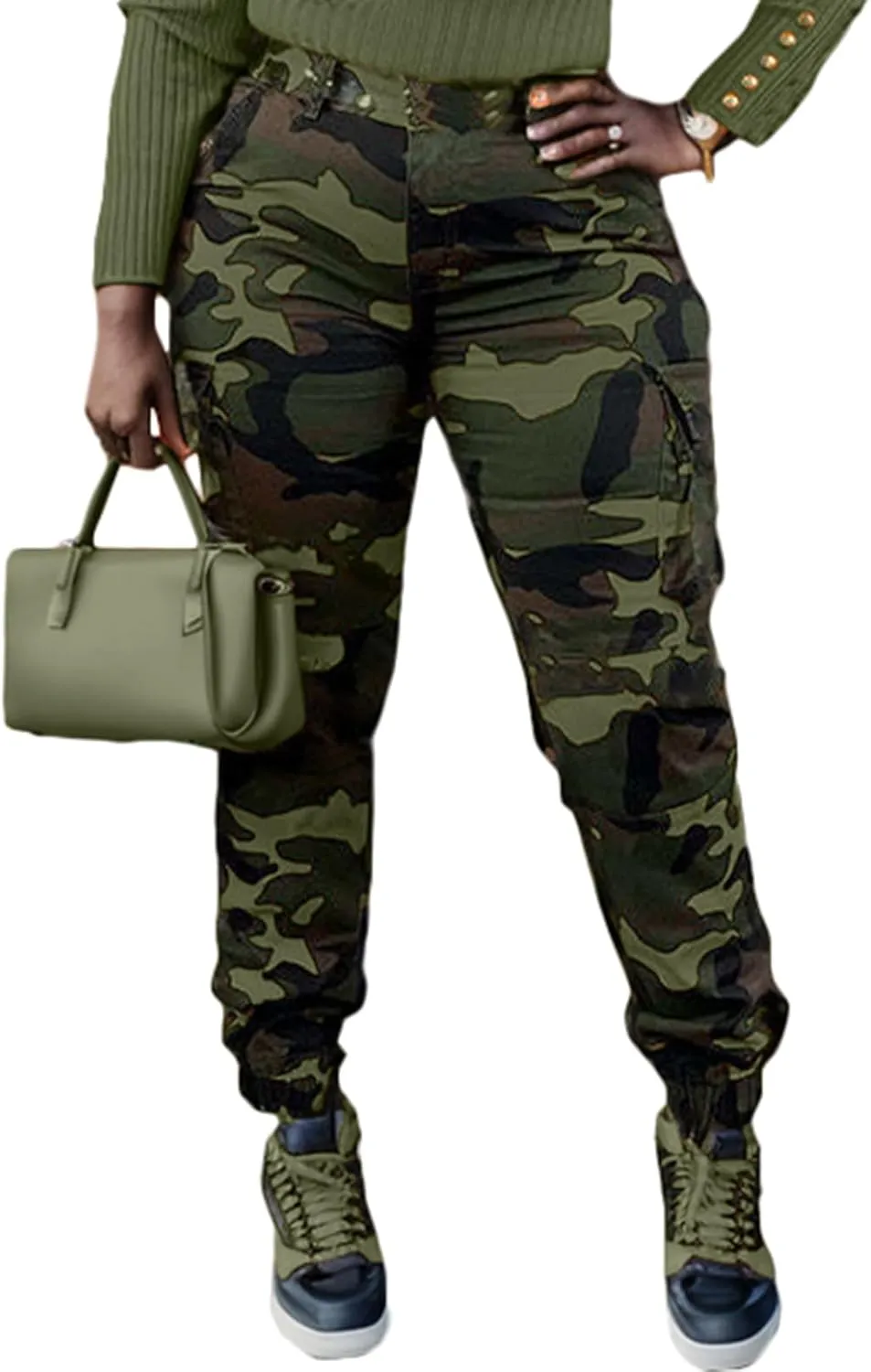 Famnbro Women Camo Pants Camouflage Cargo Pants Ankle Cuffed Army Fatigue Joggers Streetwear