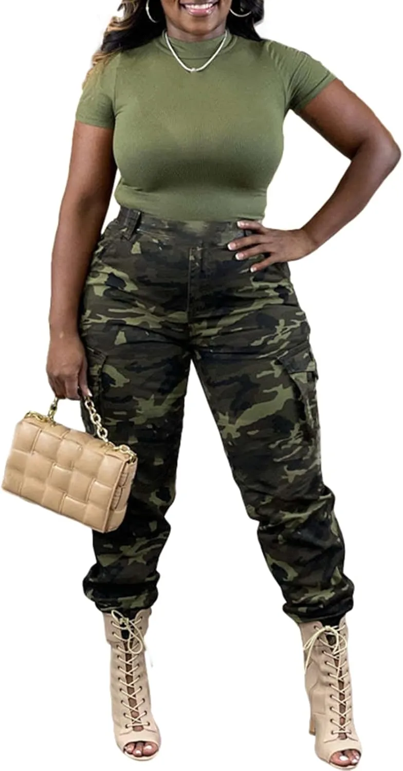 Famnbro Women Camo Pants Camouflage Cargo Pants Ankle Cuffed Army Fatigue Joggers Streetwear