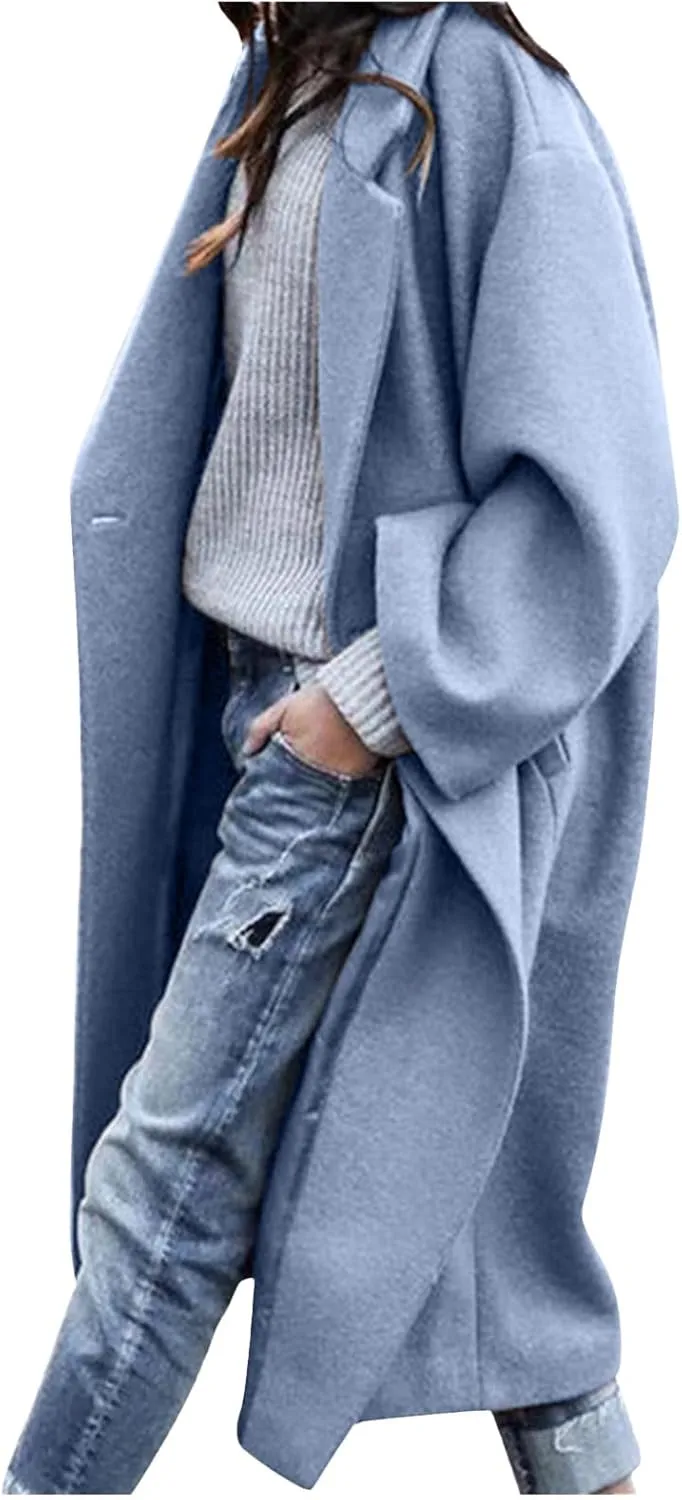 fartey Womens Trench Coat Elegant Lapel Collar Wool Blend Pea Coats Open Front Mid Long Length Office Overcoat Outwear