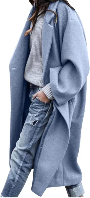 fartey Womens Trench Coat Elegant Lapel Collar Wool Blend Pea Coats Open Front Mid Long Length Office Overcoat Outwear