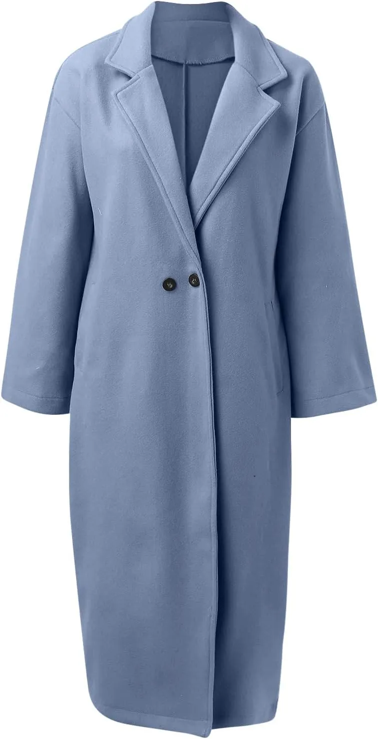 fartey Womens Trench Coat Elegant Lapel Collar Wool Blend Pea Coats Open Front Mid Long Length Office Overcoat Outwear