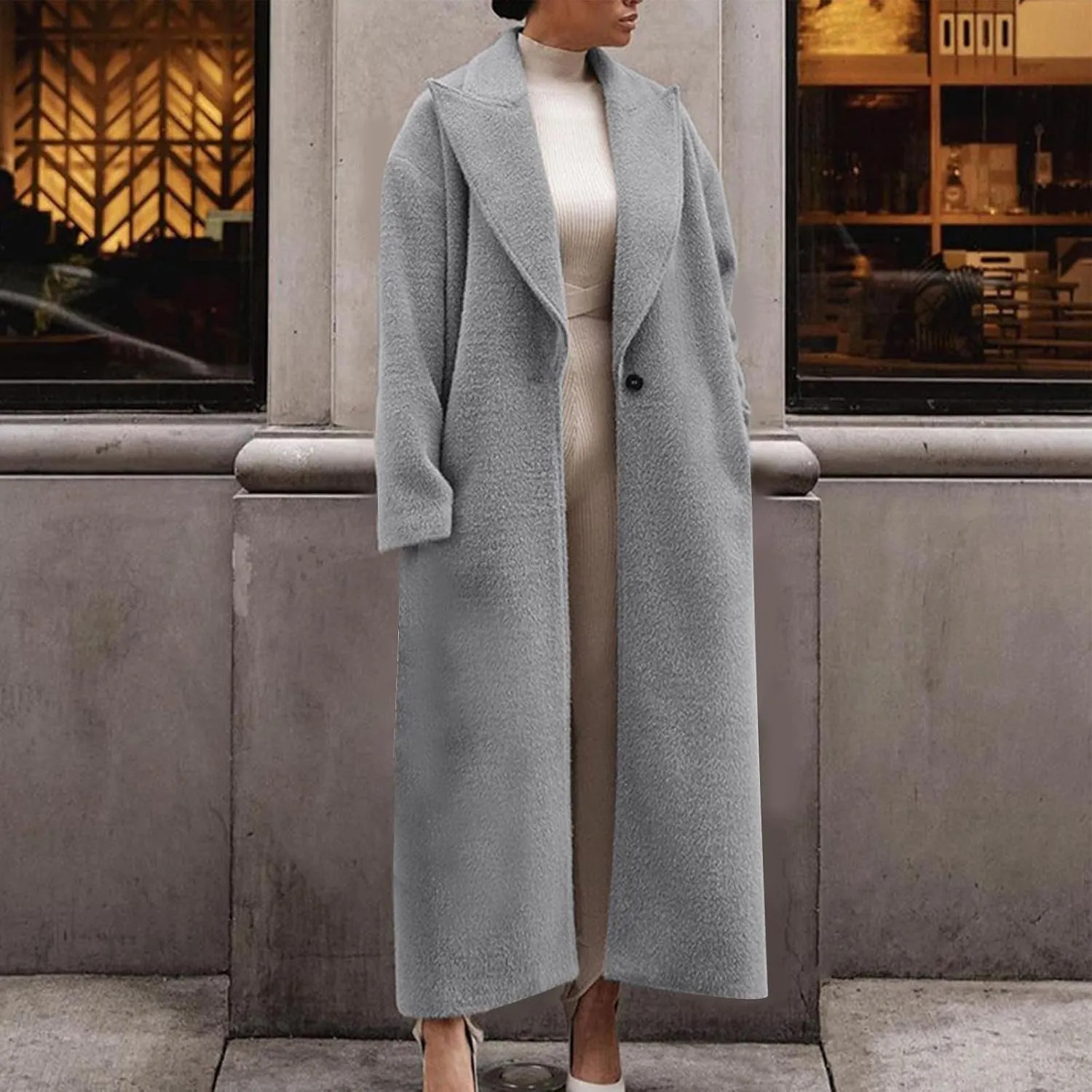 fartey Womens Wool Coats Casual Oversized Long Winter Trench Coats Thicken Warm Notch Lapel Pea Coat Jackets Outwear