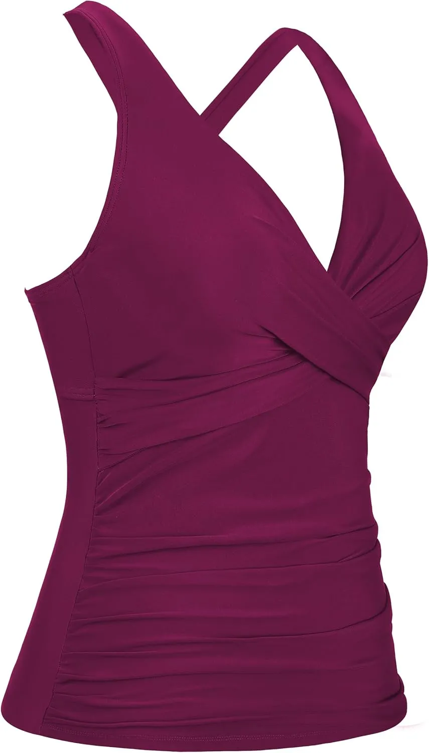 Firpearl Women Underwire Tankini Top Only Twist V Neck Swimsuits for Big Busted Ruched Tummy Control Bathing Suits Top